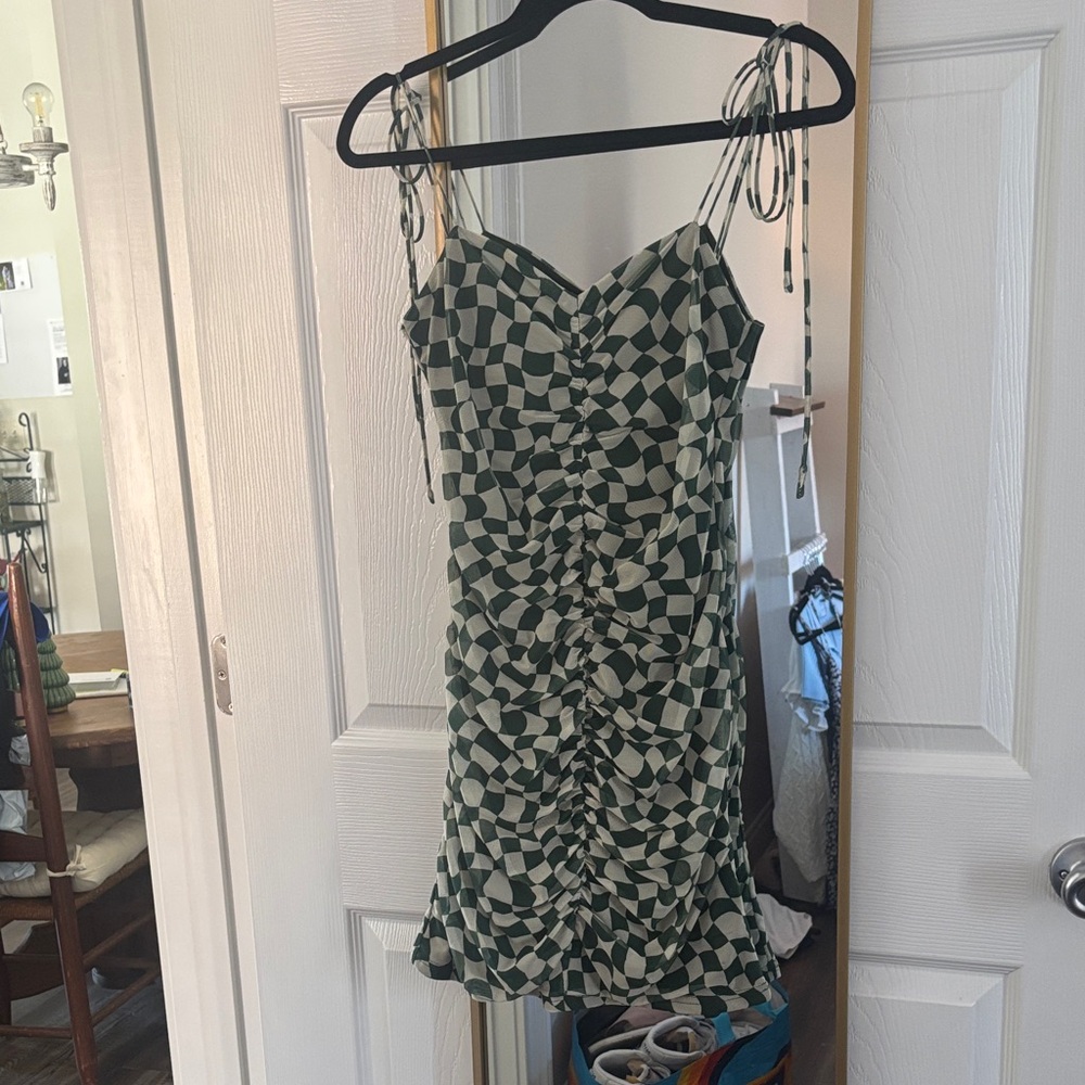 Green Checkered Ruched Dress